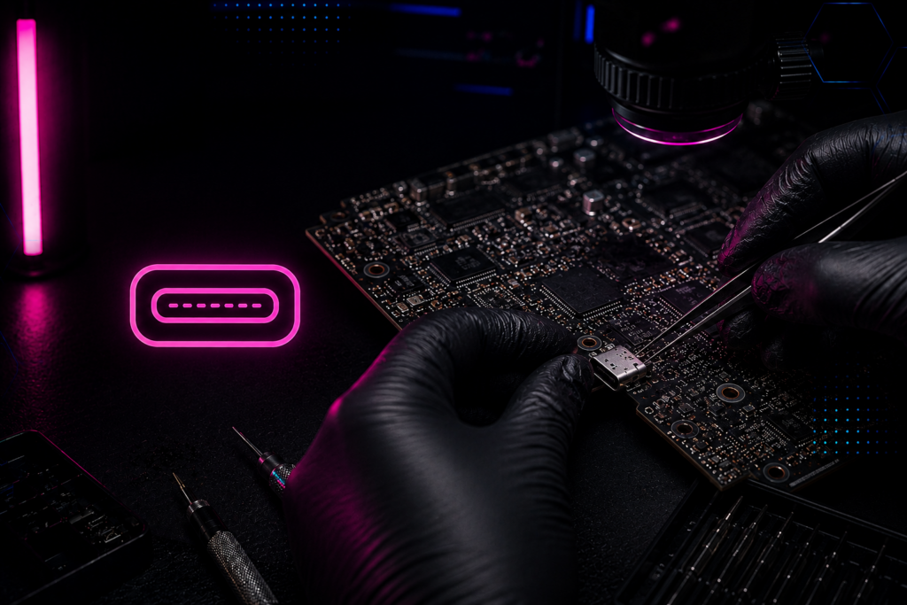Wymiana gniazda USB-C wraz z regeneracją zerwanych pól lutowniczych wymiana gniazda usb c w laptpopie serwis ipsum komp toruń